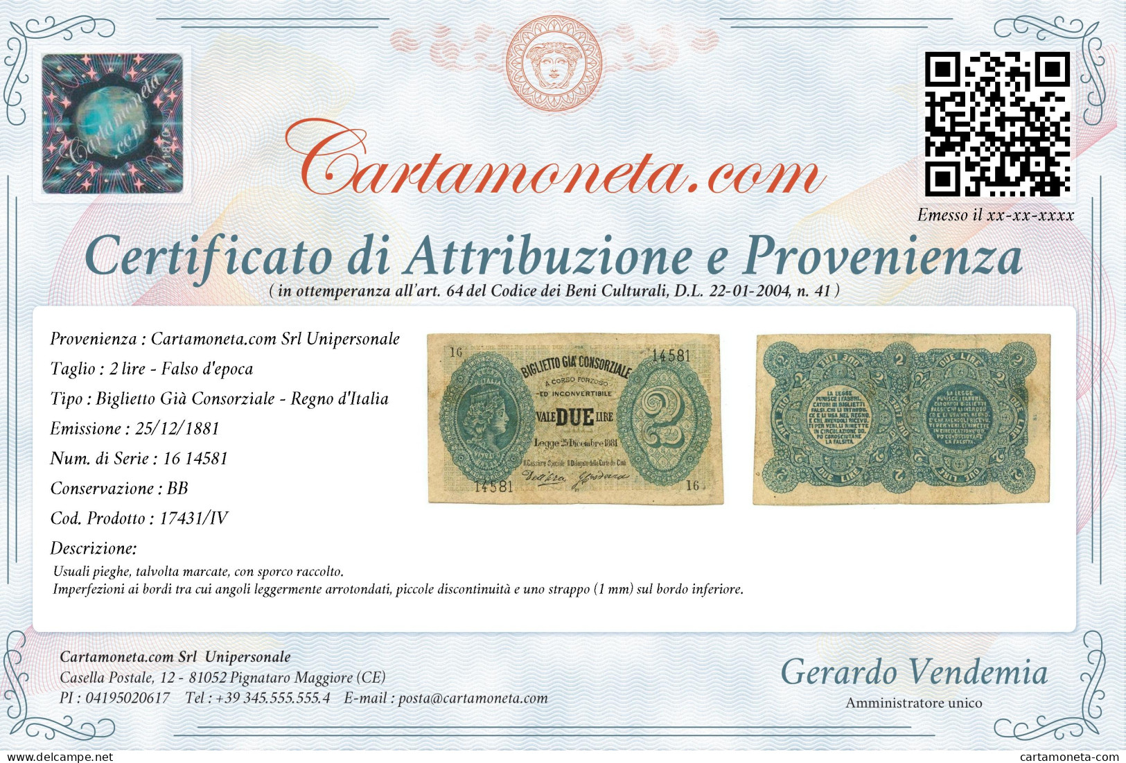 2 LIRE FALSO D'EPOCA BIGLIETTO GIÀ CONSORZIALE REGNO D'ITALIA 25/12/1881 BB - [ 8] Specimen