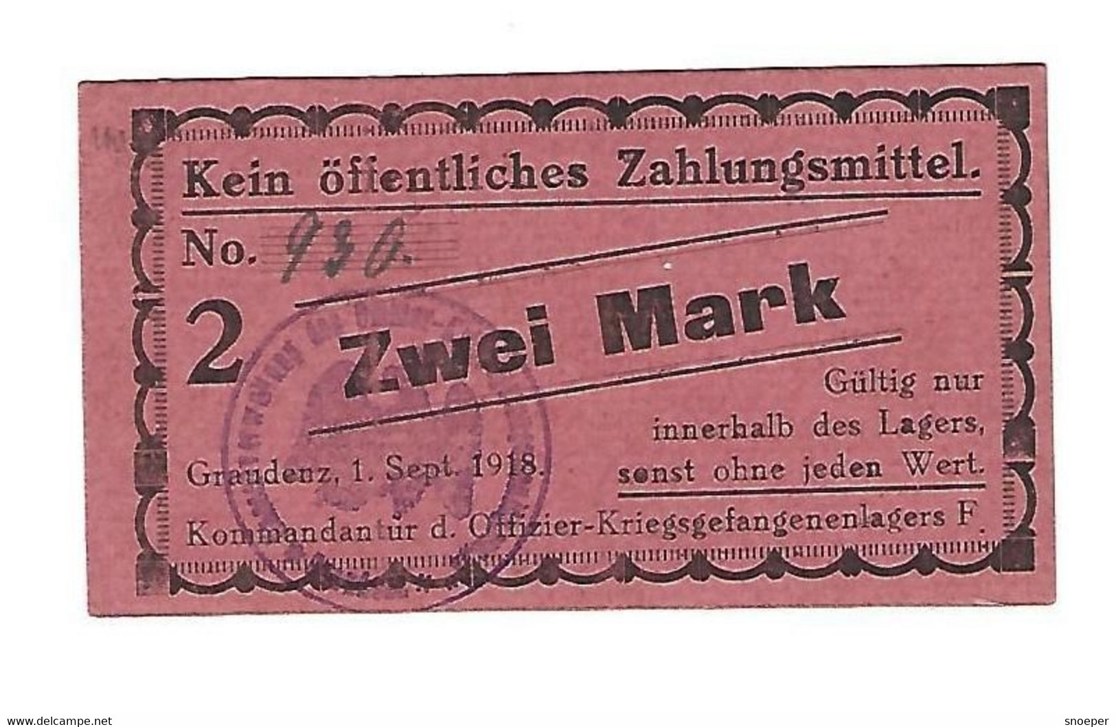 *germany Offizier  Kriegsgefangenen Lager  Graudenz  Lager F  2 Mark  05.06.1 - Autres & Non Classés