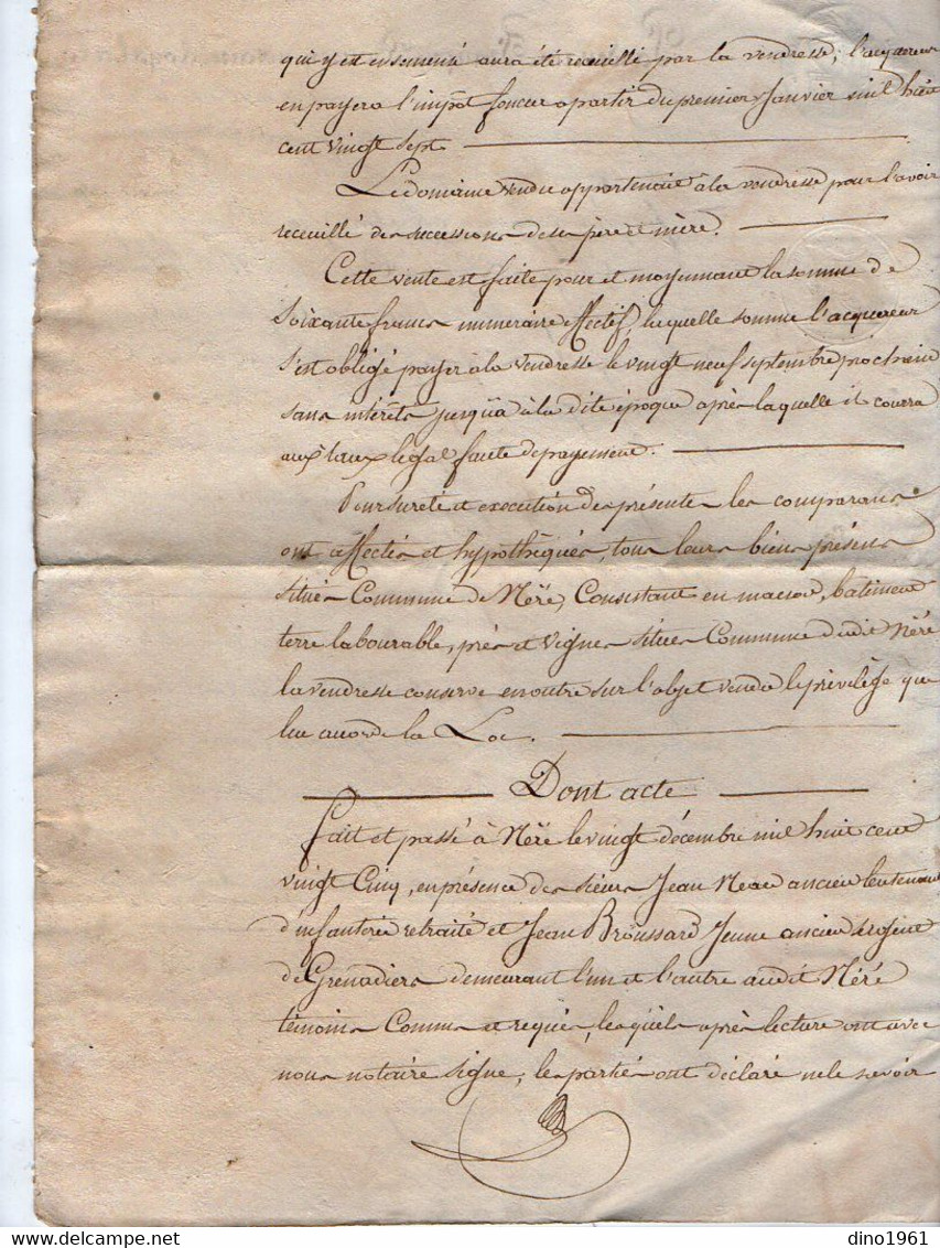 VP21.175 - NERE - Acte De 1826 - Vente De Terre Sise à NERE Par Mr MICHEAU à Mr GEOFFROY - Manuscrits