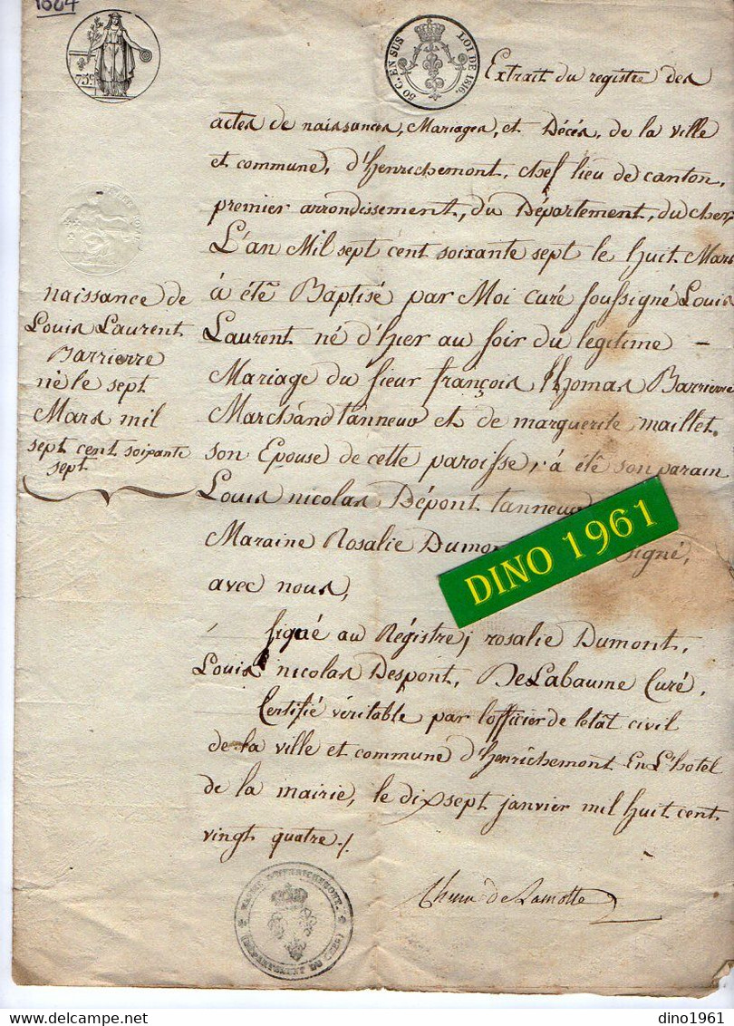 VP21.176 - Mairie D'HENRICHEMONT 1824 - Extrait Acte De Naisssance De Louis Laurent BARRIERRE 1767 - Manuscrits