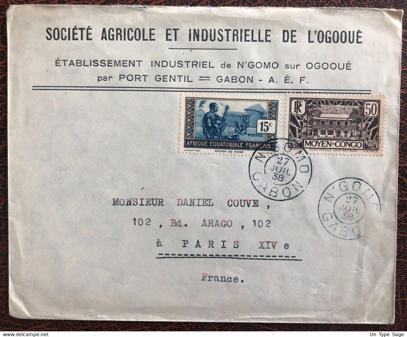 Gabon, Mixte Moyen-Congo Et A.E.F Sur Enveloppe TAD N'GOMO, Gabon 27.7.1938 - (B3935) - Covers & Documents