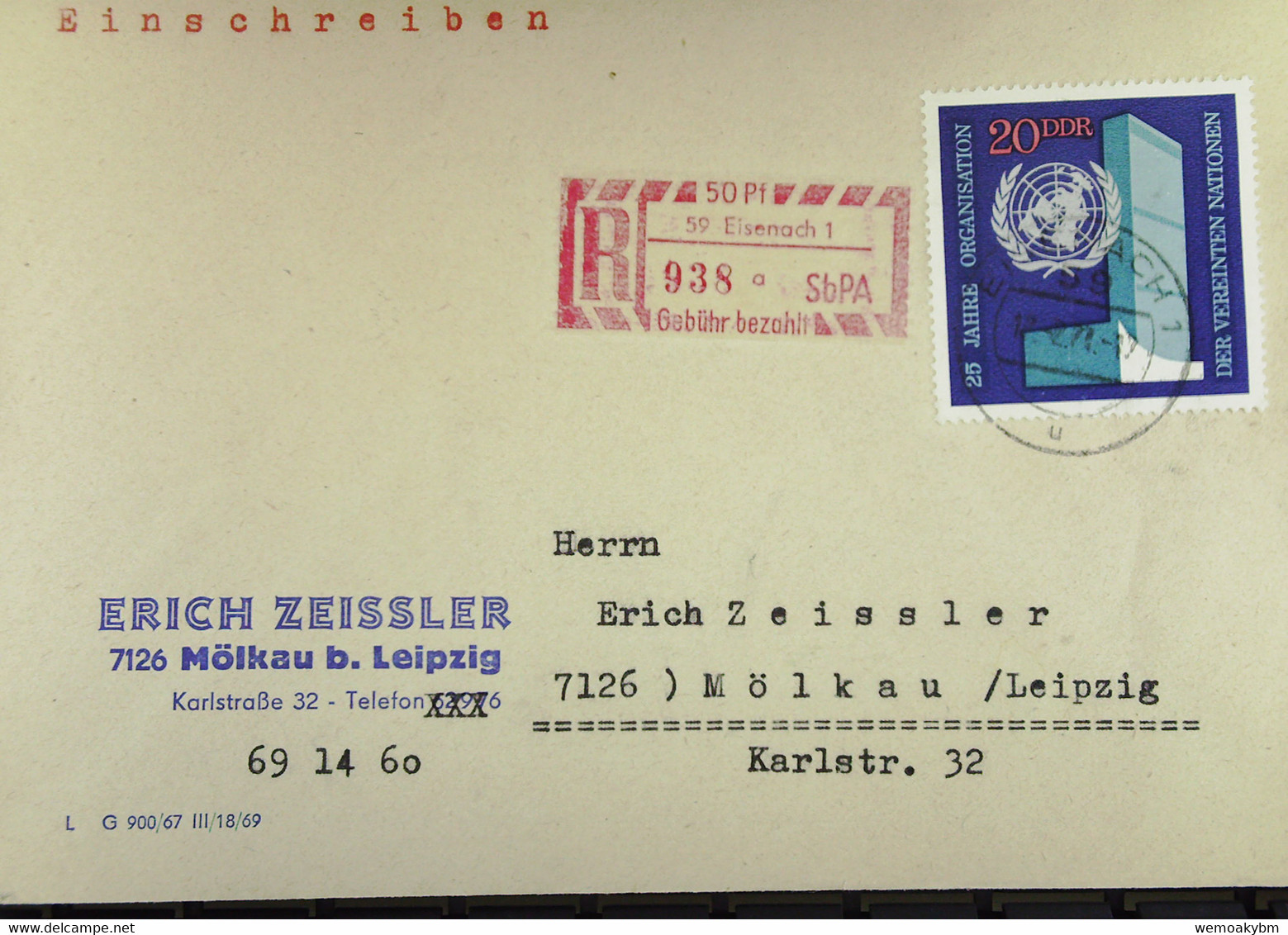 DDR: R-Fern-Brf Mit Selbstbed.-R-Zettel 50 Pf 59 Eisenach 1 (938 A)-mit Einliefgschein 17.2.71 Mit 20 Pf 25 J. UNO - Aangetekende Etiketten