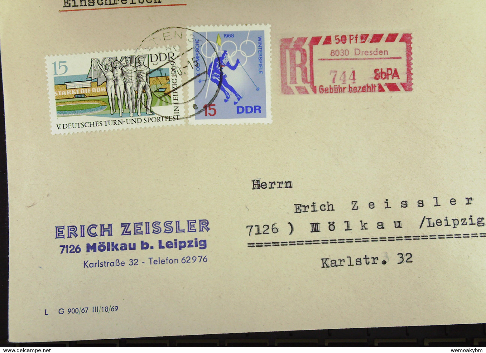 DDR: R-Fern-Brf Mit Selbstbed.-R-Zettel 50 Pf 8030 Dresden (744)-mit Einliefgschein 21.4.70 Mit 15 Pf V. DTSF U Olympia - Etiquettes De Recommandé