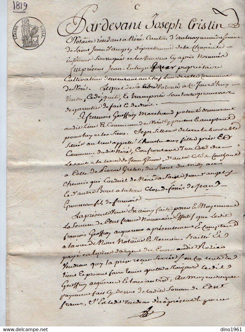 VP21.181 - NERE - Acte De 1819 - Vente De Terre Sise à NERE Par Mr ROZIER à Mr GEOFFROY - Manuscrits