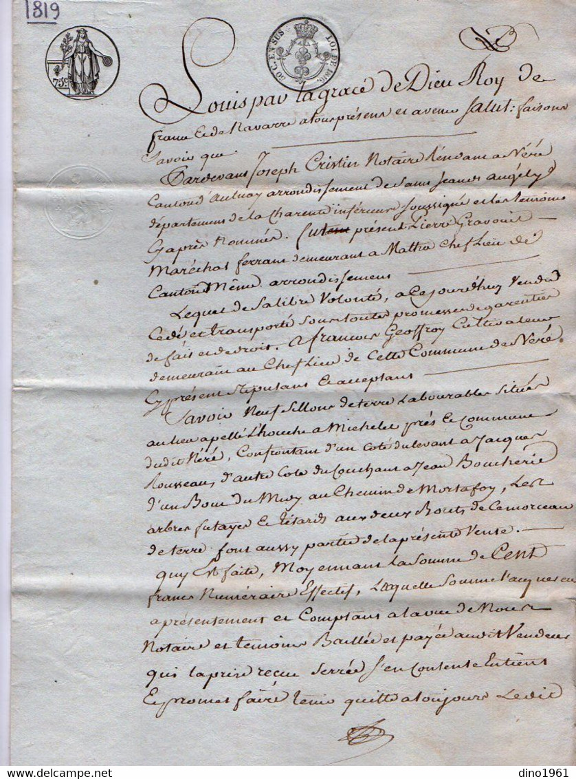 VP21.183 - NERE - Acte De 1819 - Vente De Terre Sise à NERE Par Mr GRAVOUIL De MATHA à Mr GEOFFROY - Manuscrits