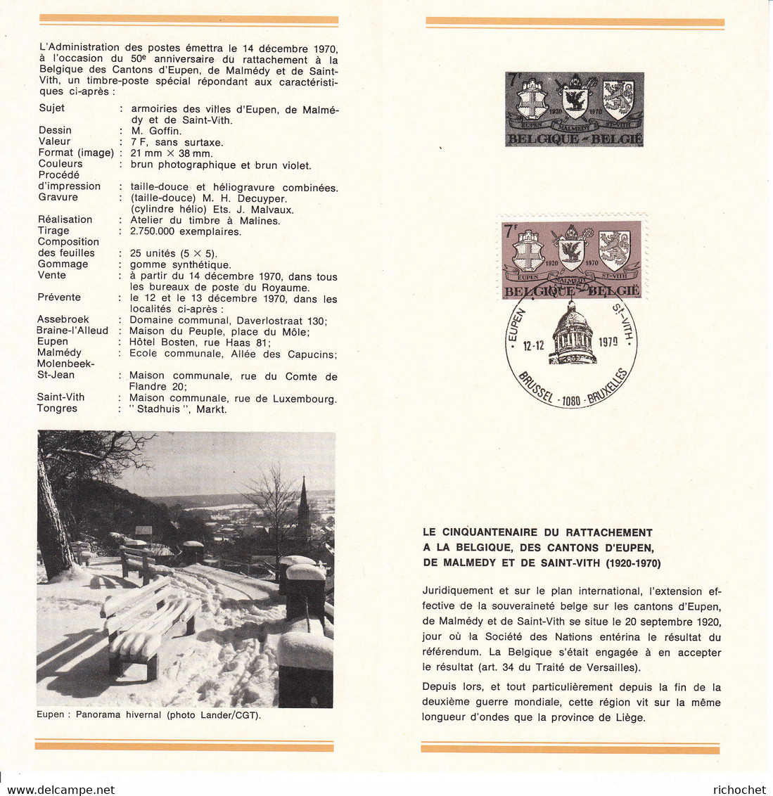 Belgique 1566 FDC Sur Dépliant Descriptif De La Régie Des Postes Belges ° BRUSSEL 1080 BRUXELLES12-12-1970 - 1961-1970
