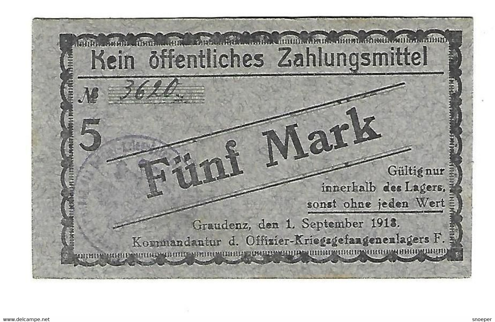 *germany Offizier  Kriegsgefangenen Lager  Graudenz  Lager F  5 Mark  05.07 - Andere & Zonder Classificatie