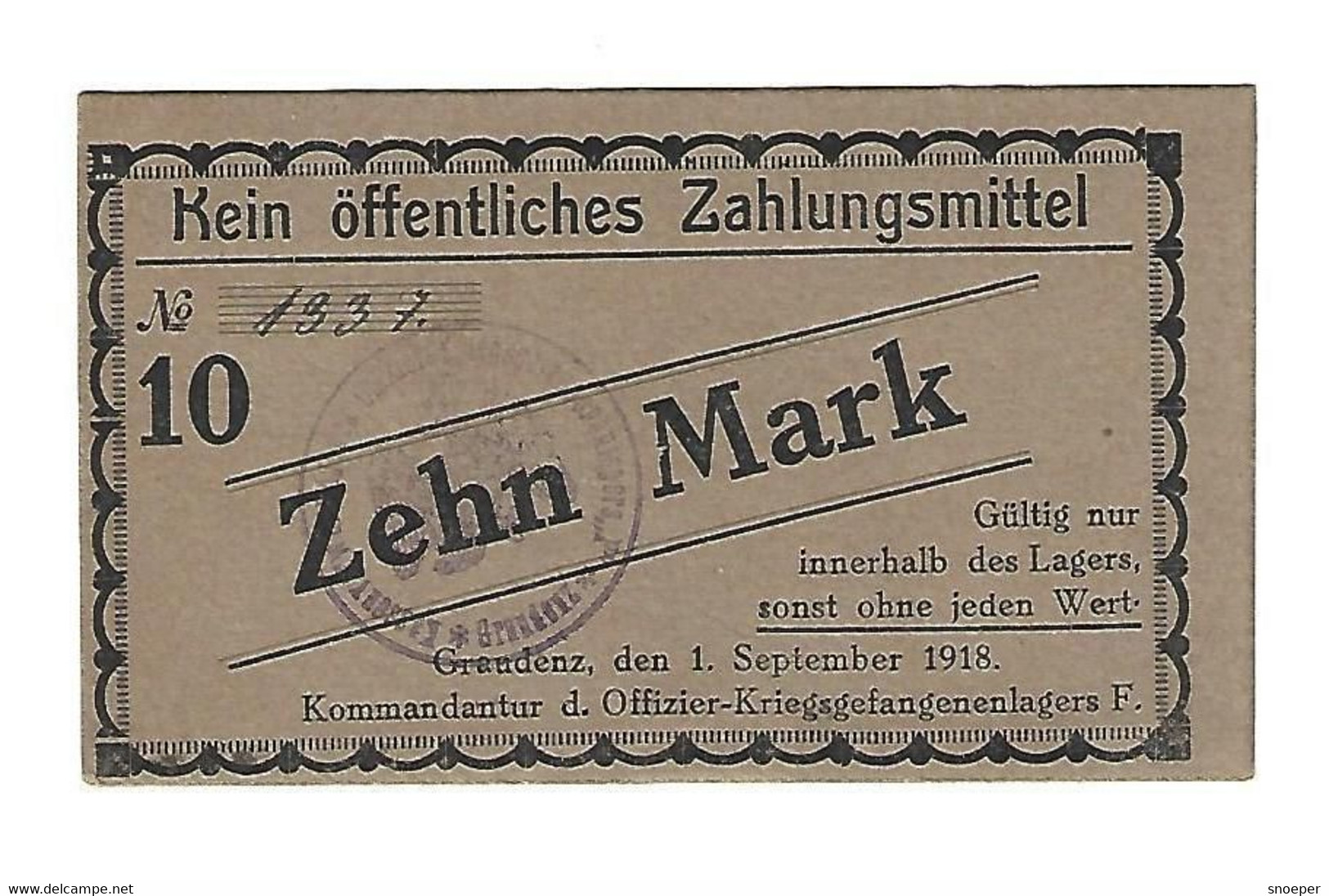 *germany Offizier  Kriegsgefangenen Lager  Graudenz  Lager F  10 Mark  05.08 - Andere & Zonder Classificatie