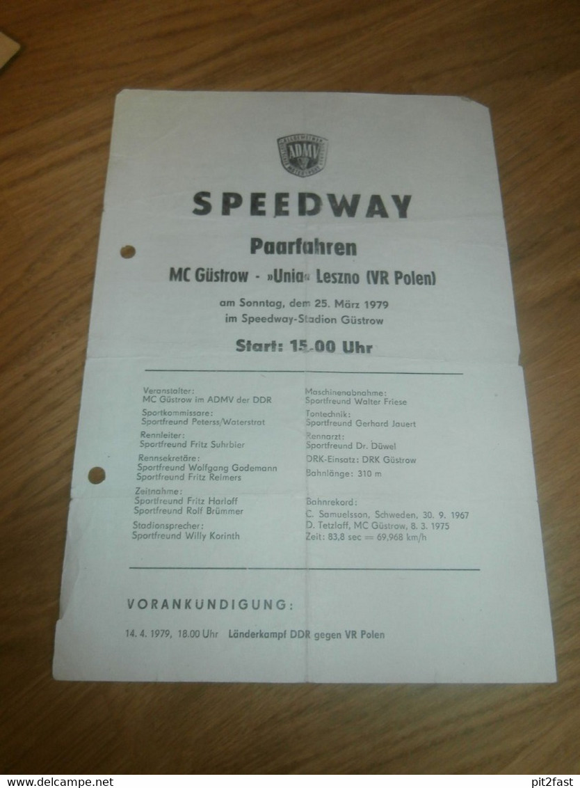 Speedway Güstrow 25.03.1979 , Unia Leszno , Programmheft / Programm / Rennprogramm , Program !!! - Motos
