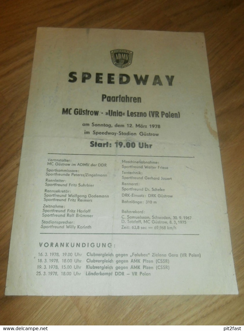 Speedway Güstrow 12.03.1978 , Leszno , Programmheft / Programm / Rennprogramm , Program !!! - Motos