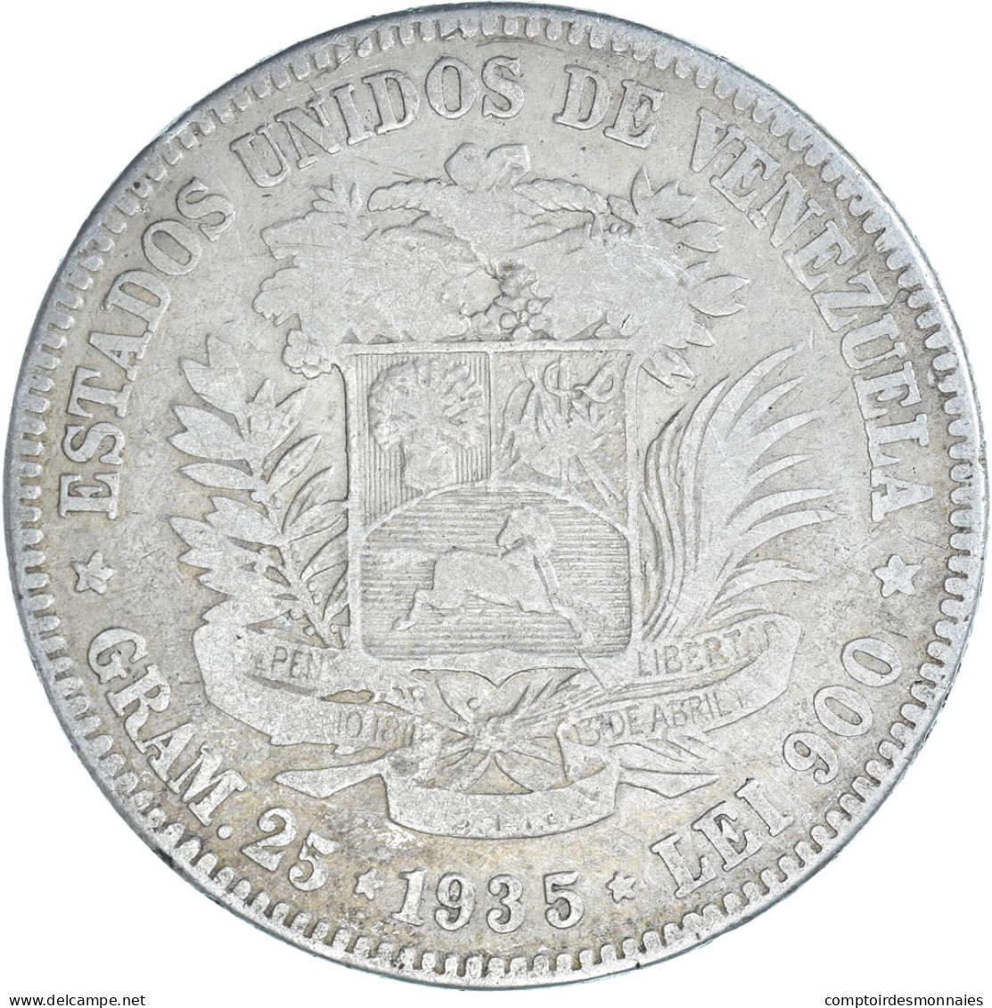 Monnaie, Venezuela, Gram 25, 5 Bolivares, 1935, TB, Argent, KM:24.2 - Venezuela