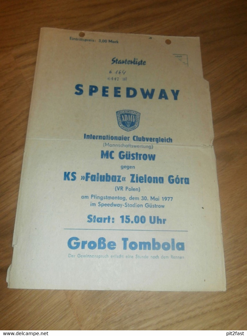 Speedway Güstrow 30.05.1977 , Falubaz Zielona Gora , Programmheft / Programm / Rennprogramm , Program !!! - Motos