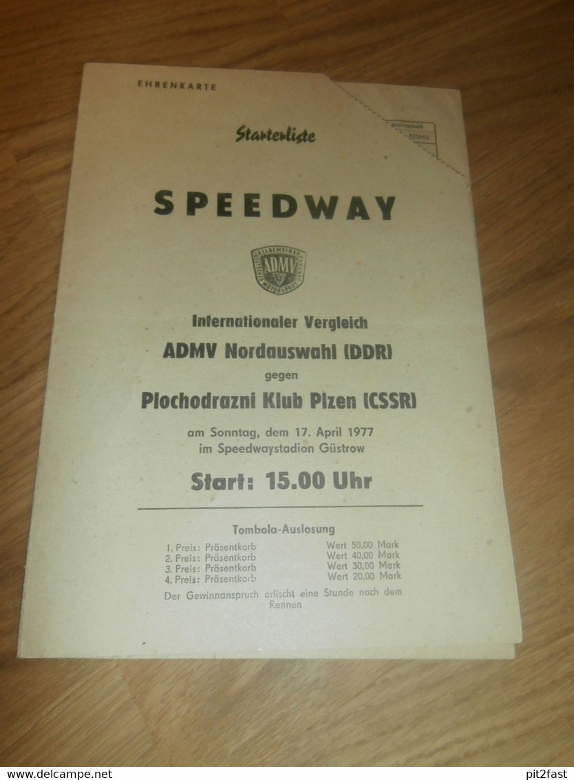 Speedway Güstrow 17.04.1977 , Plzen , Programmheft / Programm / Rennprogramm , Program !!! - Motos