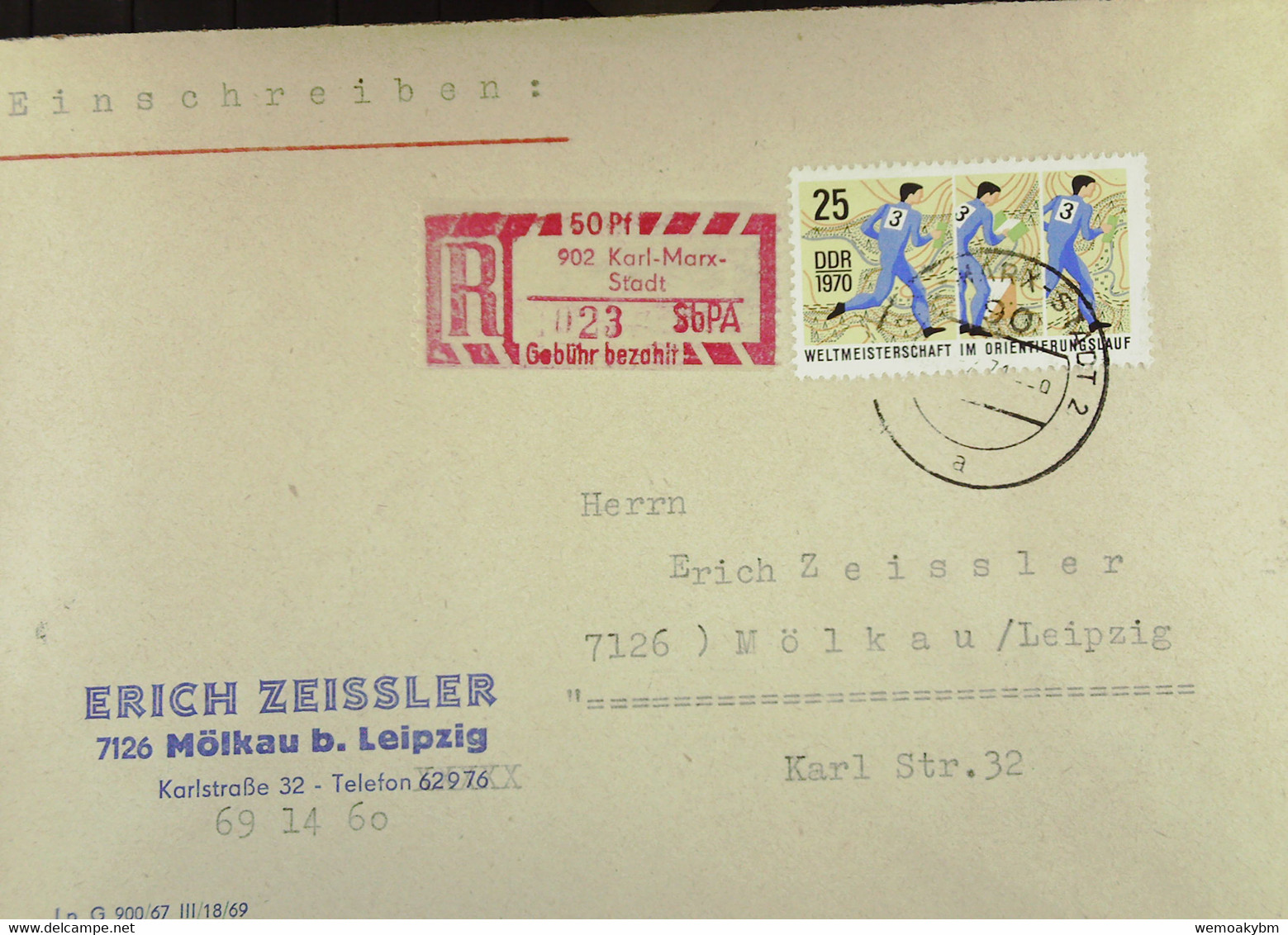 DDR: R-Fern-Brf Mit Selbstbed.-R-Zettel 50 Pf 902 Karl-Marx-Stadt (023)-mit Einliefgschein 10.2.71 Mit 25 Pf Orient.Lauf - Etiquettes De Recommandé