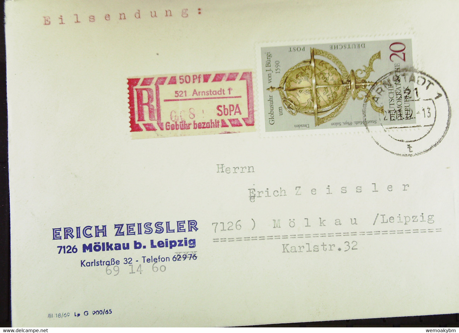 DDR: R-Fern-Brf Mit Selbstbed.-R-Zettel 50 Pf 521 Arnstadt 1 (008)-mit Einliefgschein 21.11.72 Mit 20 Pf "Globusuhr" - Etiquettes De Recommandé