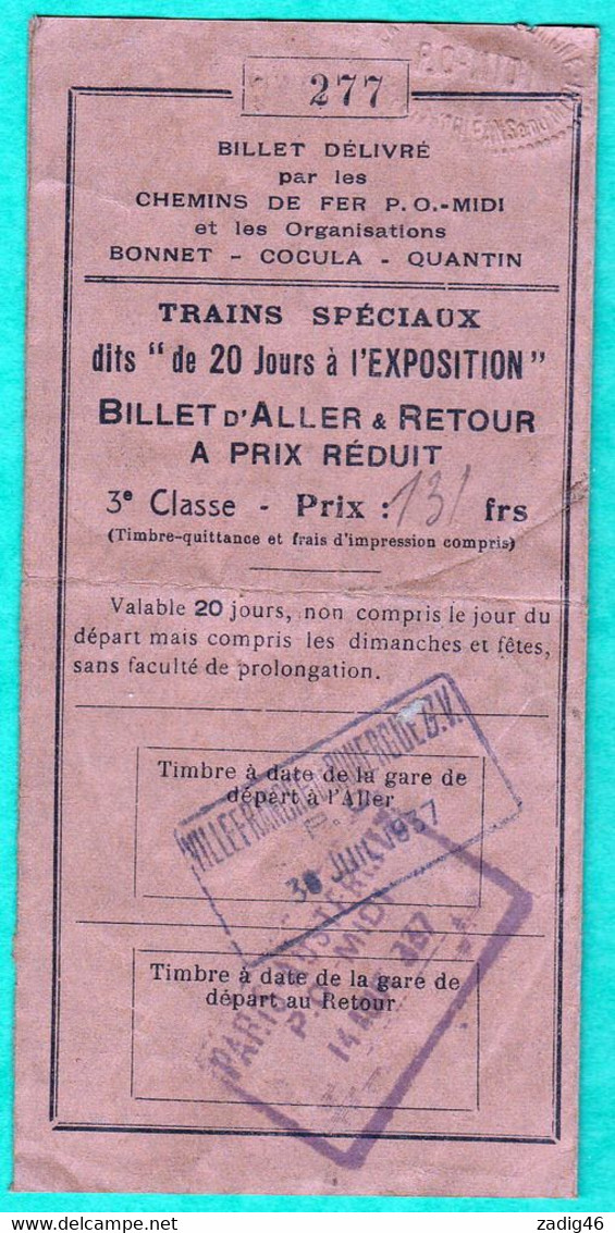 BILLET DE TRAIN SPECIAL POUR L'EXPOSITION DE PARIS 1937 - Europe