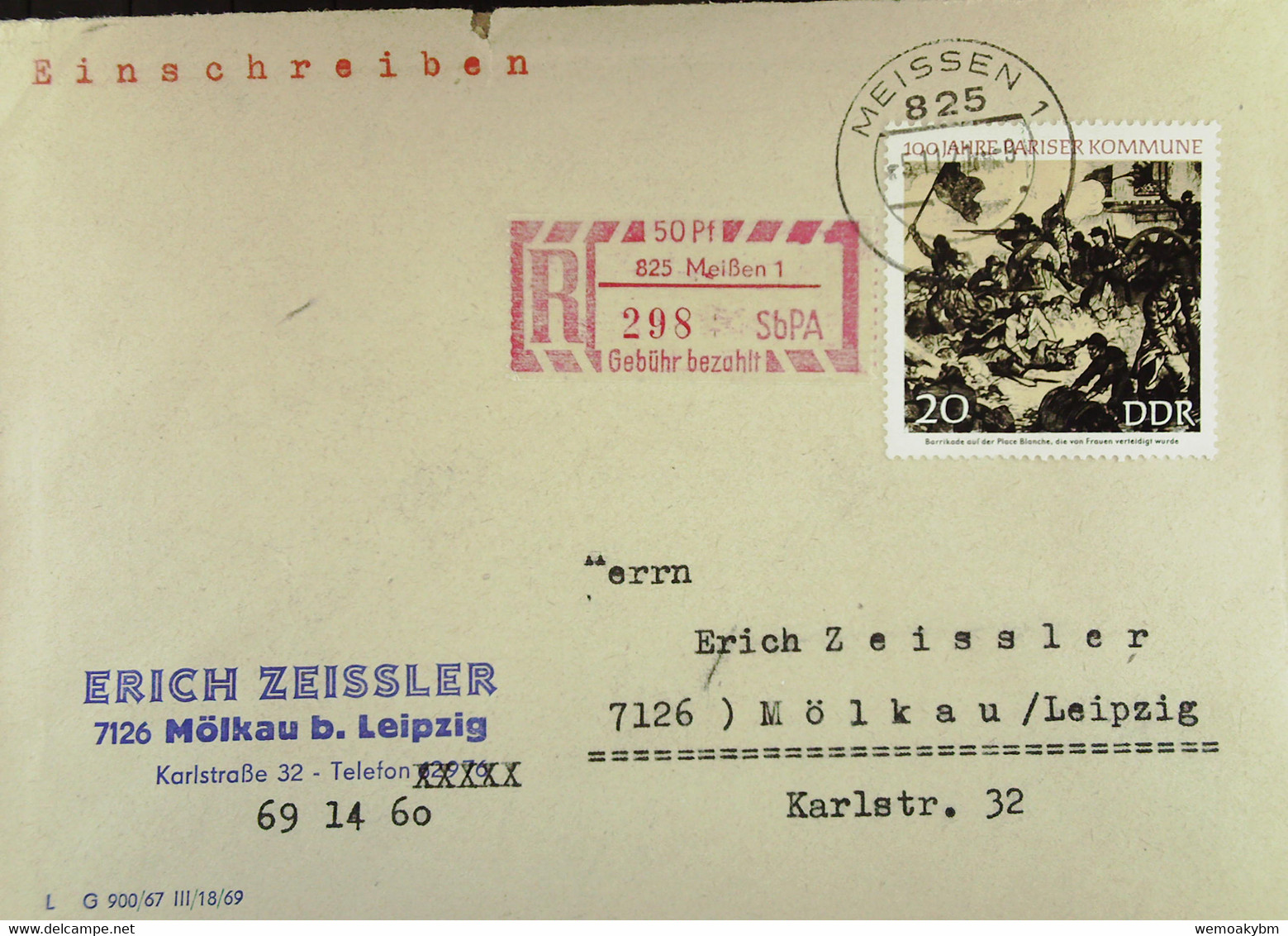 DDR: R-Fern-Brf Mit Selbstbed.-R-Zettel 50 Pf 825 Meißen 1 (298)-mit Einliefgschein 5.11.71 Mit 20 Pf 100 J. Pariser Kom - Aangetekende Etiketten