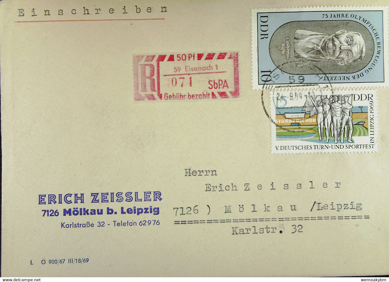 DDR: R-Fern-Brf Mit Selbstbed.-R-Zettel 50 Pf 59 Eisenach 1 (071)-mit Einliefgschein 24.9.69 Mit 15 Pf DTSF Leipzig Ua - Etichette Di Raccomandazione