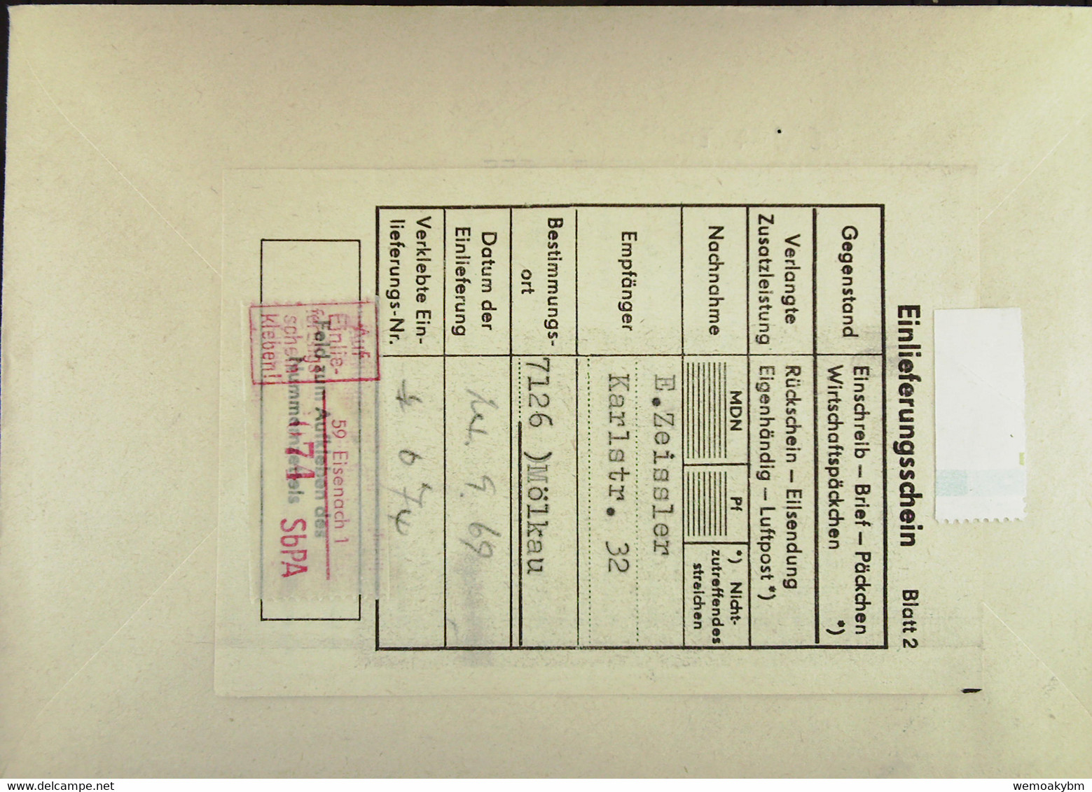 DDR: R-Fern-Brf Mit Selbstbed.-R-Zettel 50 Pf 59 Eisenach 1 (071)-mit Einliefgschein 24.9.69 Mit 15 Pf DTSF Leipzig Ua - R-Zettel