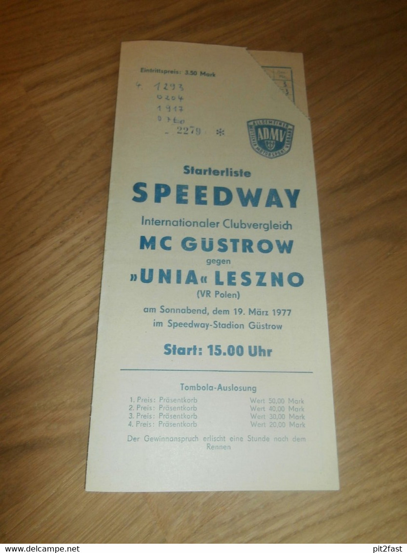 Speedway Güstrow 19.03.1977 , Unia Leszno , Programmheft / Programm / Rennprogramm , Program !!! - Motos