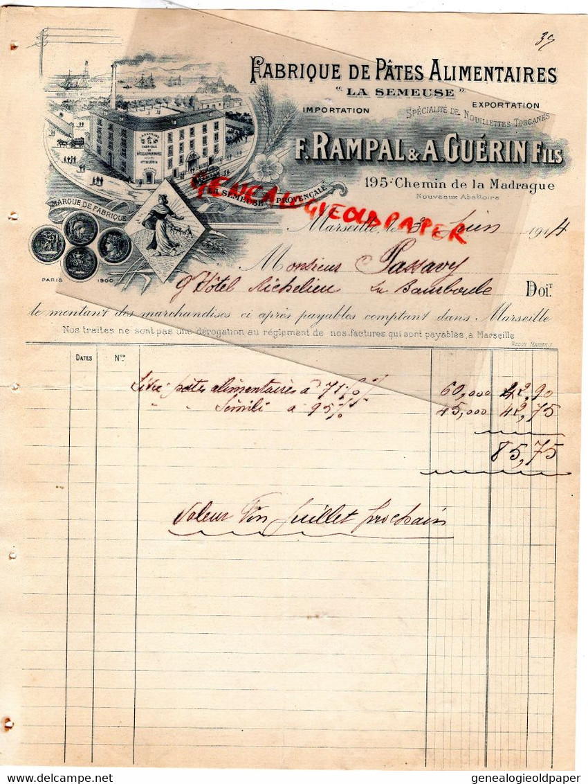 13-MARSEILLE-RARE FACTURE F. RAMPAL & A. GUERIN- FABRIQUE PATES ALIMENTAIRES LA SEMEUSE-PASSAVY LA BOURBOULE 1914 - Lebensmittel