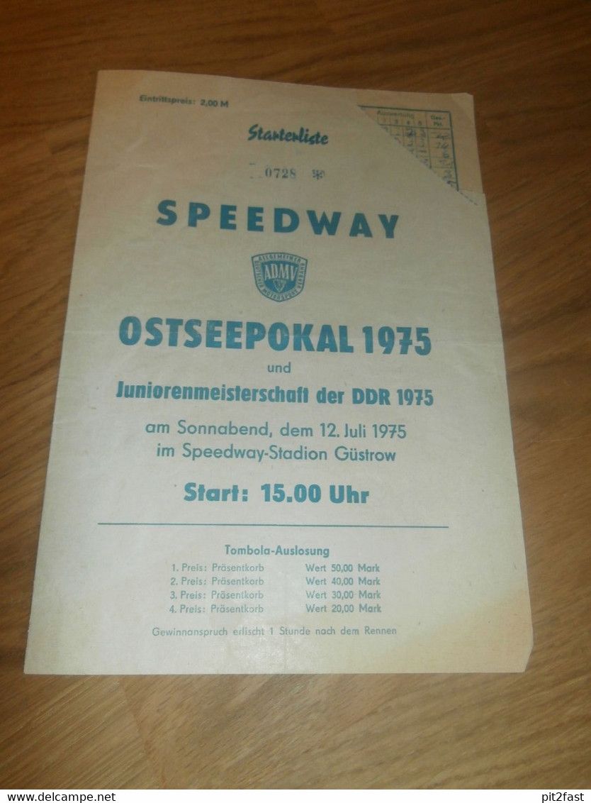 Speedway Güstrow 12.07.1975 , Ostseepokal , Programmheft / Programm / Rennprogramm , Program !!! - Motos