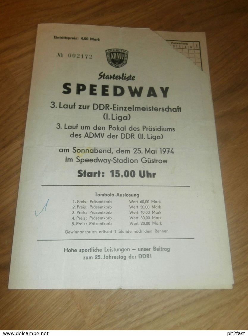 Speedway Güstrow 25.05.1974 , DDR Meisterschaft , Programmheft / Programm / Rennprogramm , Program !!! - Motos