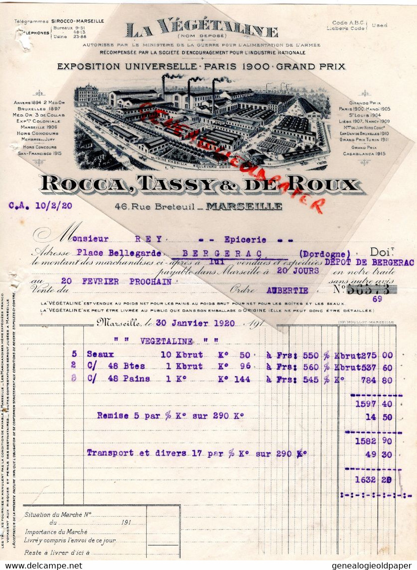 13-MARSEILLE-BELLE FACTURE USINE ROCCA TASSY & DE ROUX-LA VEGETALINE-46 RUE BRETEUIL-A M. REY EPICERIE BERGERAC-1920 - Lebensmittel