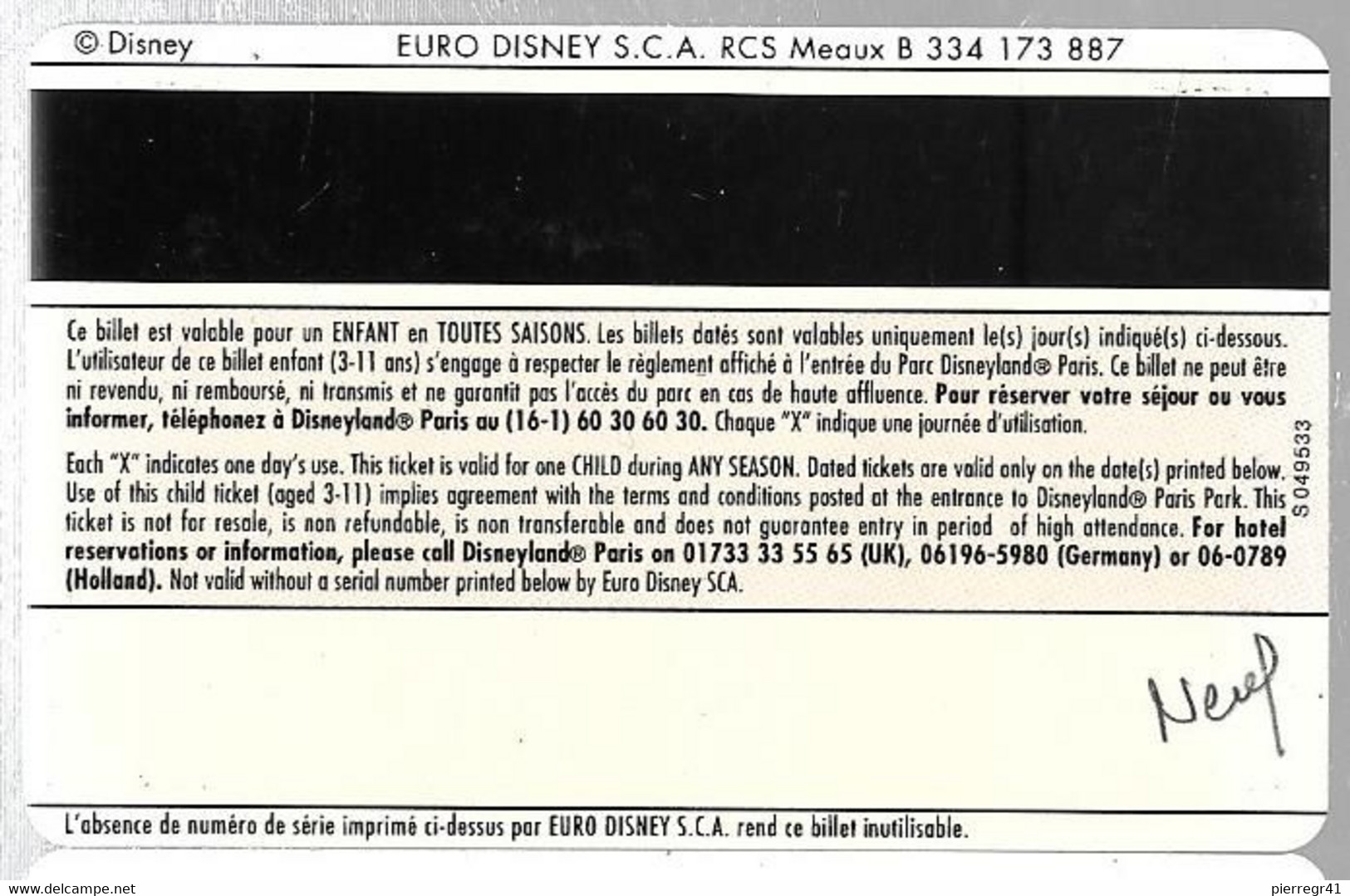 PASS-DISNEYLANDPARIS SPACE MOUNTAIN-V° N°S 049533-NEUF-Sans Marque Croix-TBE- - Pasaportes Disney