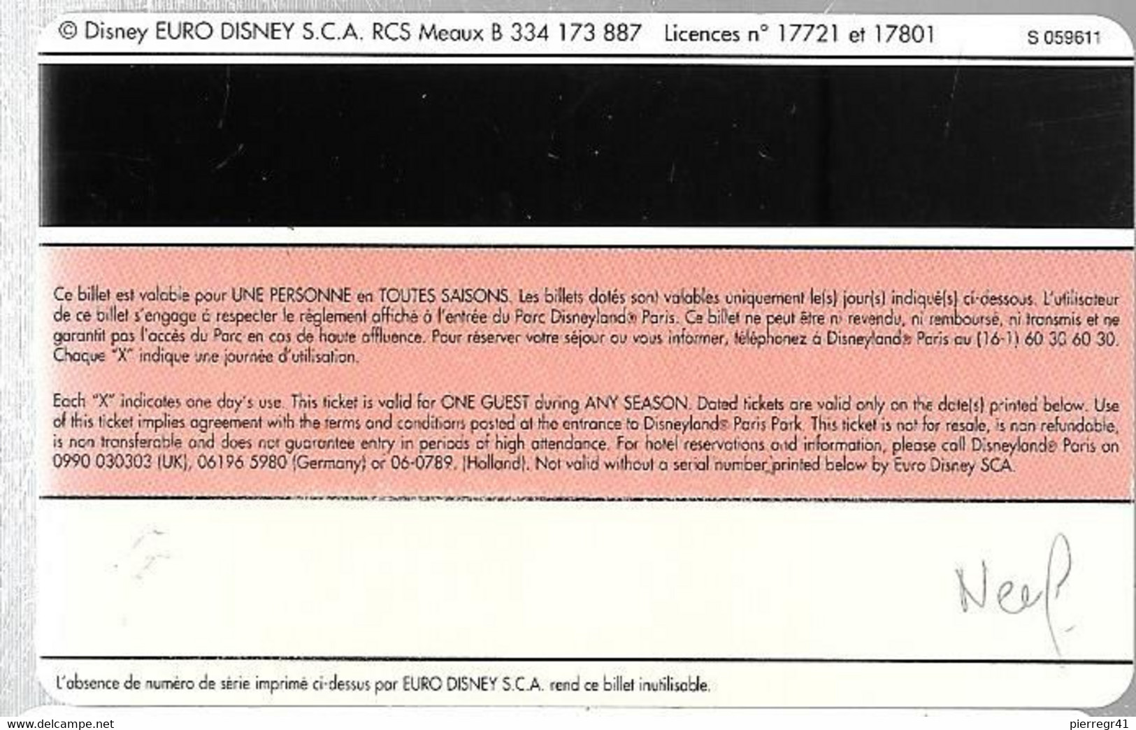 PASS-DISNEYLANDPARIS SPACE MOUNTAIN-V° N°S 059611-NEUF-Sans Marque Croix-TBE- - Toegangsticket Disney