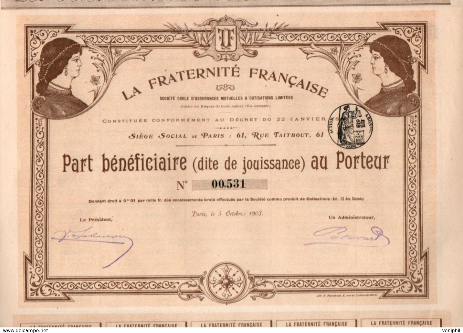 LA FRATERNITE  FRANCAISE -ASSURANCES MUTUELLES -PART BENEFICIAIRE DE JOUISSANCE -ANNEE 1903 - Banque & Assurance