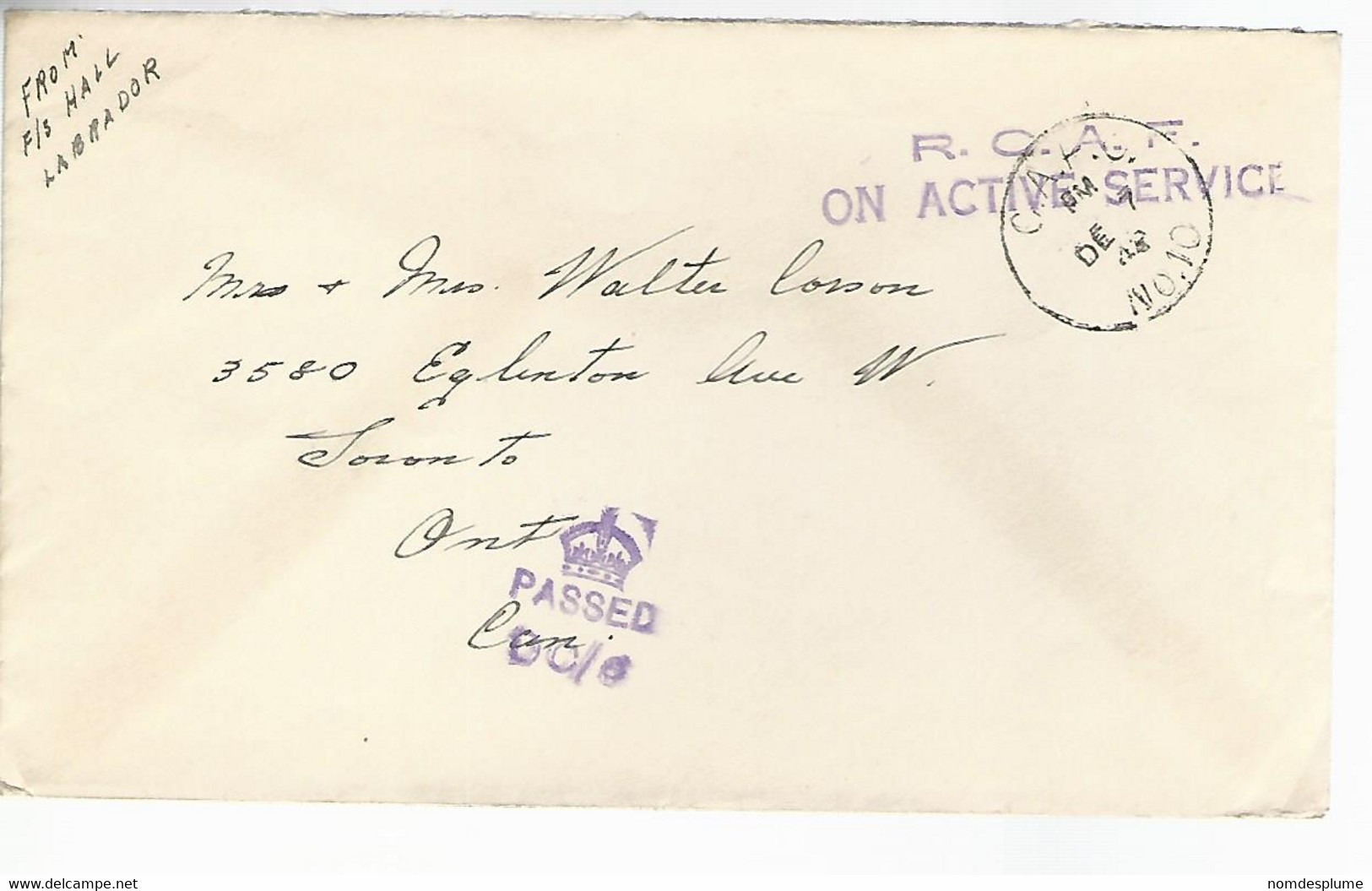 57281) Canada C.A.P.O. No.10 Goose Bay Military Censor Postmark Cancel 1942 R.C.A.F. Military Mail - Postal History