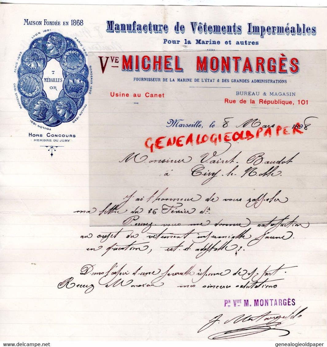 13- MARSEILLE- RARE FACTURE 1898- VVE MICHEL MONTARGES-MANUFACTURE VETEMENTS IMPERMEABLES-USINE DU CANET - Textile & Clothing