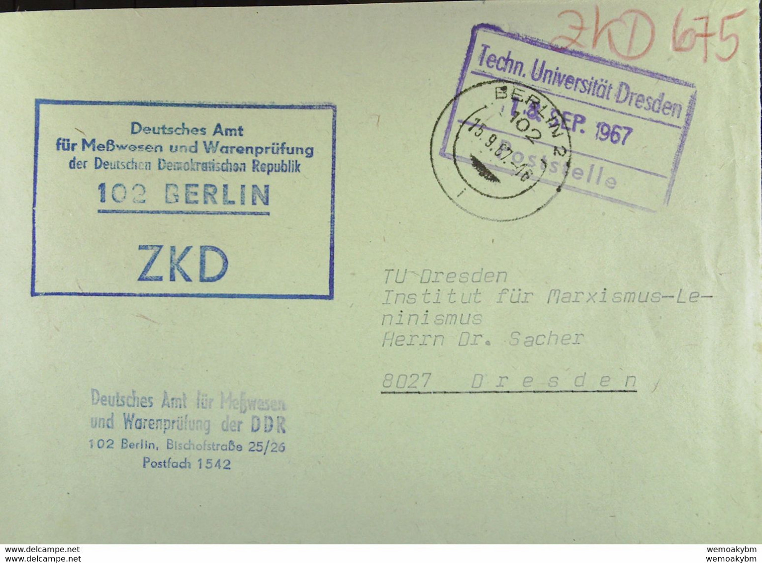 Fern-Brief Mit ZKD-Kastenstpl "Deutsches Amt Für Meßwesen Und Warenprüfung Der DDR 102 Berlin" 15.9.67 An TU Dresden - Servicio Central De Correos