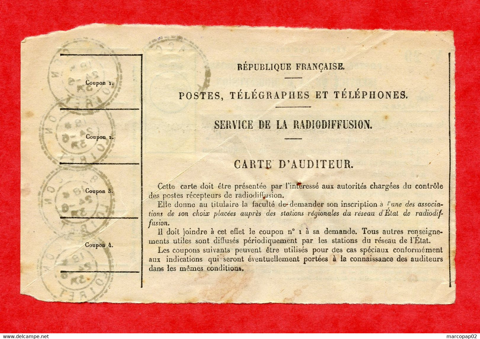 CARTE D'AUDITEUR - TIMBRE FISCAL A 25C - OB BACON LOIRET 24/06/1937 - Radiodifusión