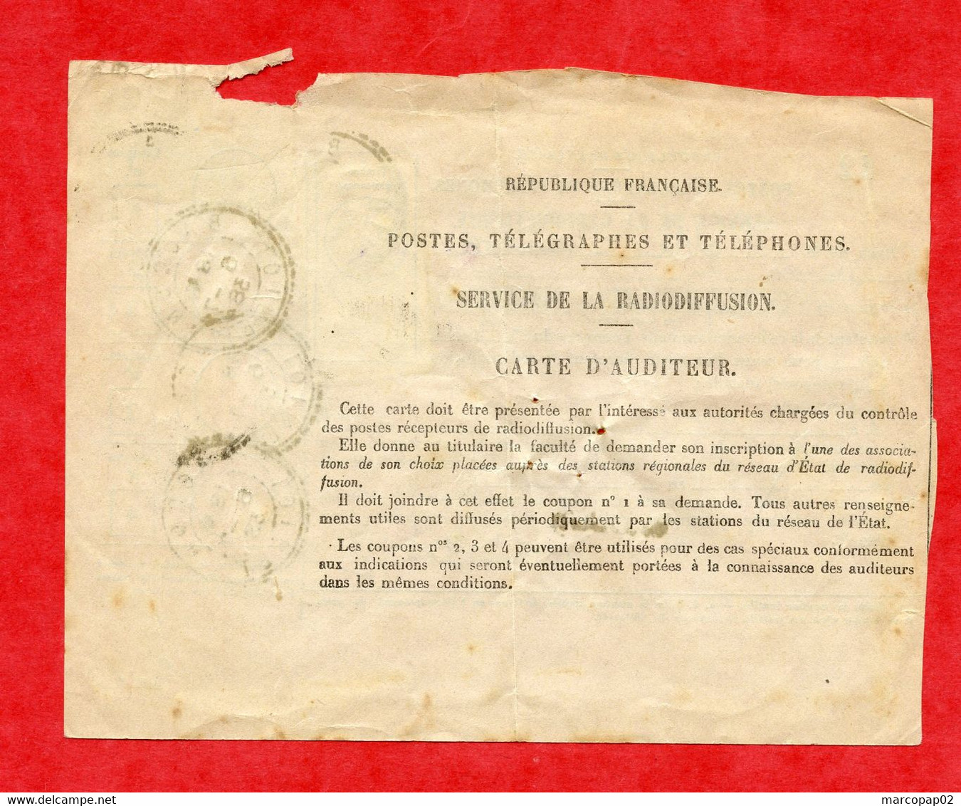 CARTE D'AUDITEUR - TIMBRE FISCAUX A 50C + 5C - OB BACON LOIRET 06/07/1938 - France Radiodiffusion