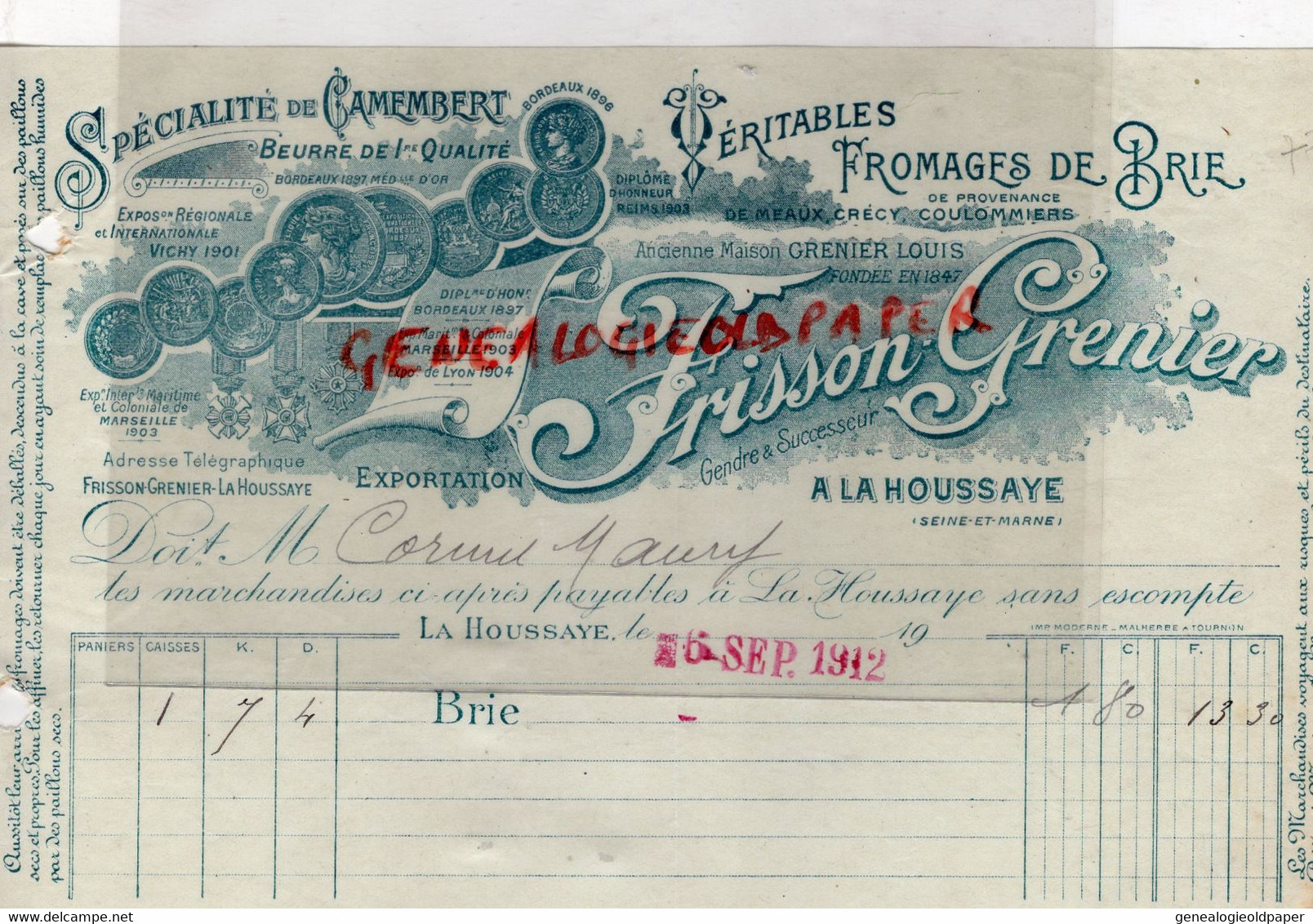 77- A LA HOUSSAYE- FACTURE FRISSON & GRENIER-CAMEMBERT -BEURRE -FROMAGE DE BRIE-MEAUX CRECY COULOMMIERS-1912 - Levensmiddelen