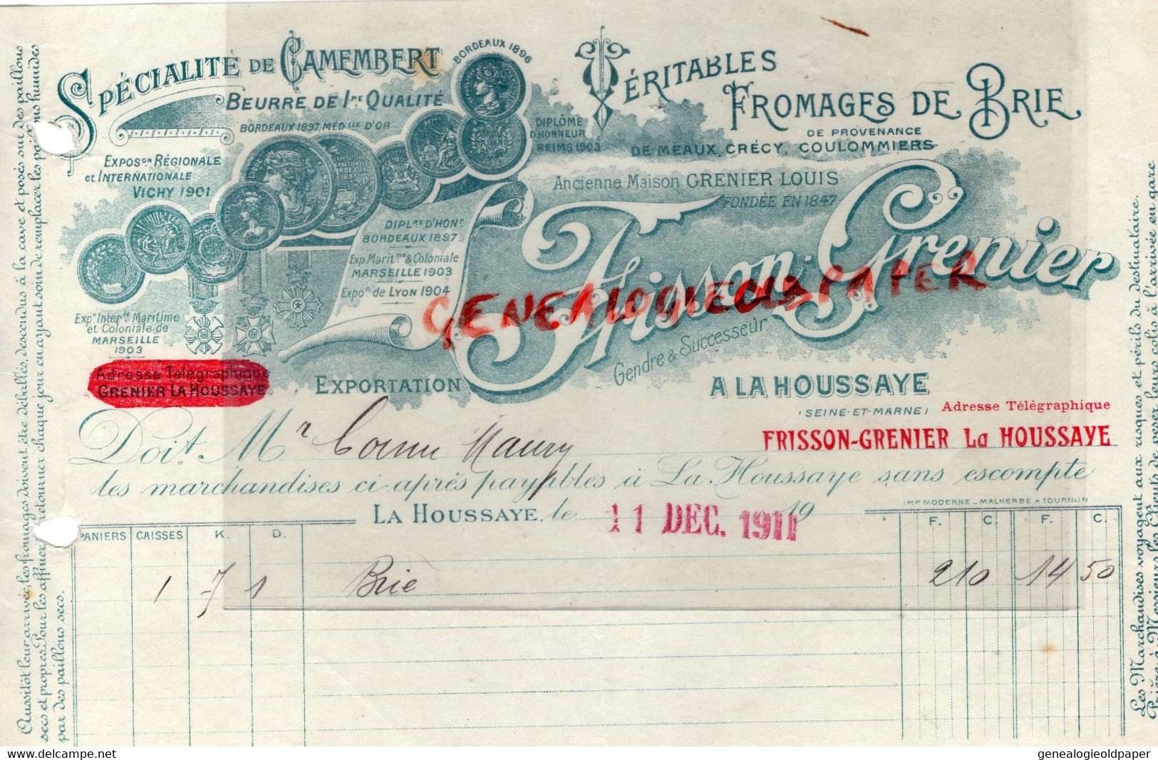 77- A LA HOUSSAYE- FACTURE FRISSON & GRENIER-CAMEMBERT -BEURRE -FROMAGE DE BRIE-MEAUX CRECY COULOMMIERS-1911 - Food
