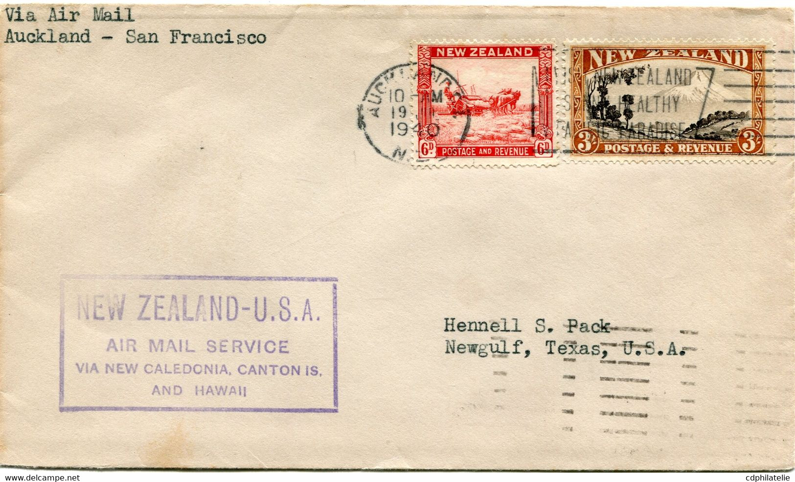 NOUVELLE-ZELANDE LETTRE AVEC CACHET " NEW-ZEALAND-U.S.A. AIR MAIL SERVICE VIA NEW CALEDONIA, CANTON IS.AND HAWAII "..... - Cartas & Documentos