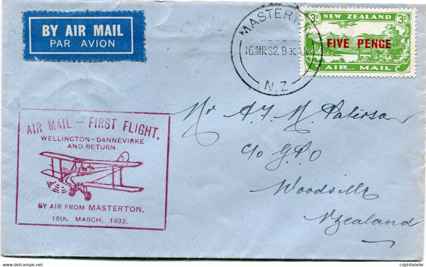 NOUVELLE-ZELANDE LETTRE PAR AVION AVEC CACHET " AIR MAIL - FIRST FLIGHT WELLINGTON - DANNEVIRKE AND RETURN BY AIR......" - Poste Aérienne