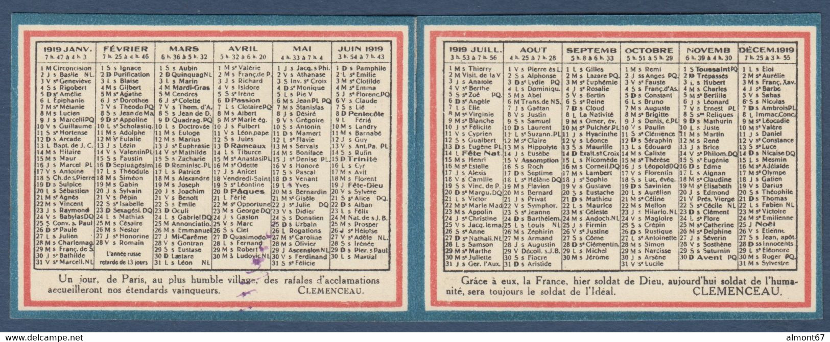 Calendrier 1919 - Foyer Du Soldat - Petit Format : 1901-20