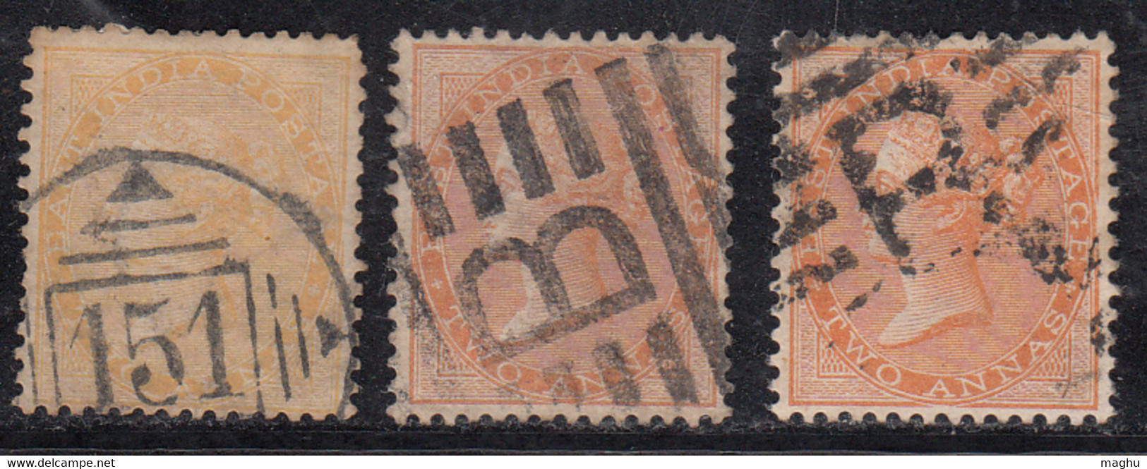 3 Diff., Shades, 1856 British East India Used, Two Annas Shades, 2a No Watermark - 1854 Britse Indische Compagnie