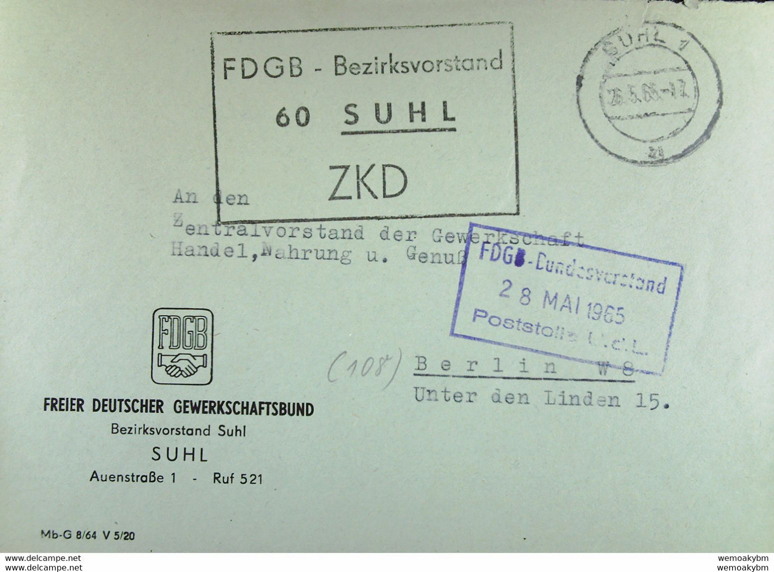 Fern-Brief Mit ZKD-Kastenstempel "FDGB-Bezirksvorstand 60 SUHL" 26.5.65 An Zentralvorstand Der Gewerkschaft Berlin - Service Central De Courrier