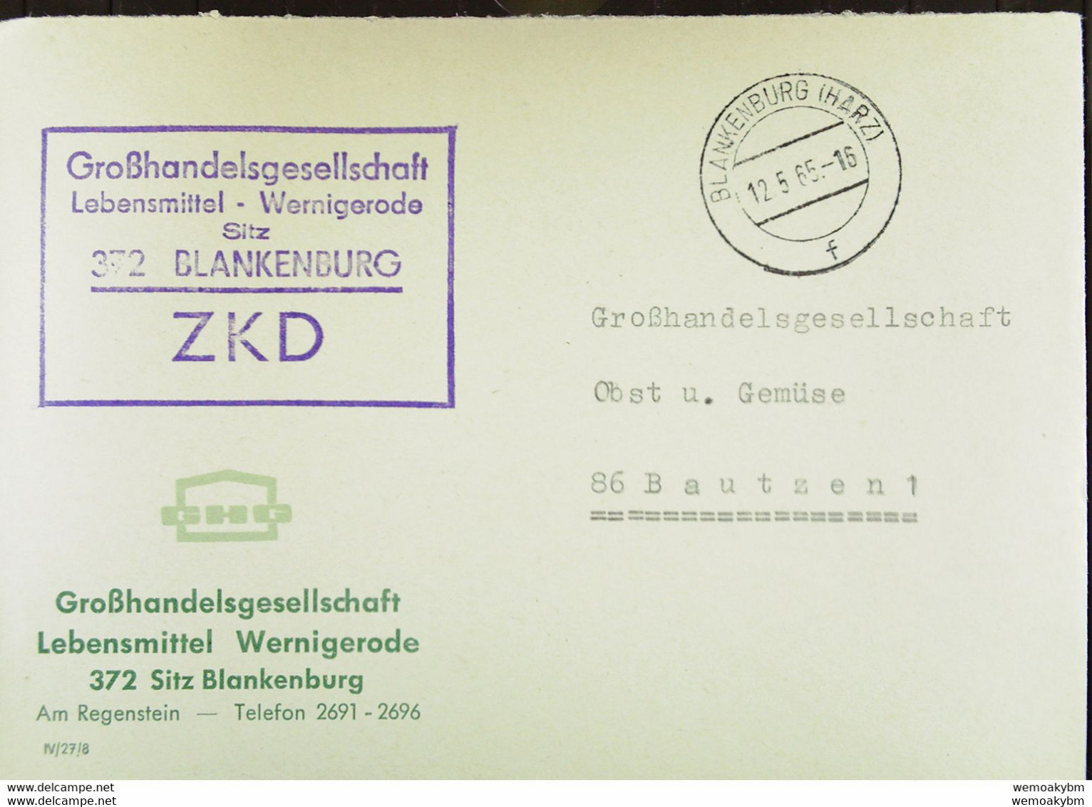 Fern-Brief Mit ZKD-Kastenstpl. "Großhandelsgesellschaft Lebensmittel-Wernigerode Sitz 372 Blankenburg" 12.5.65 An GHG .. - Servicio Central De Correos