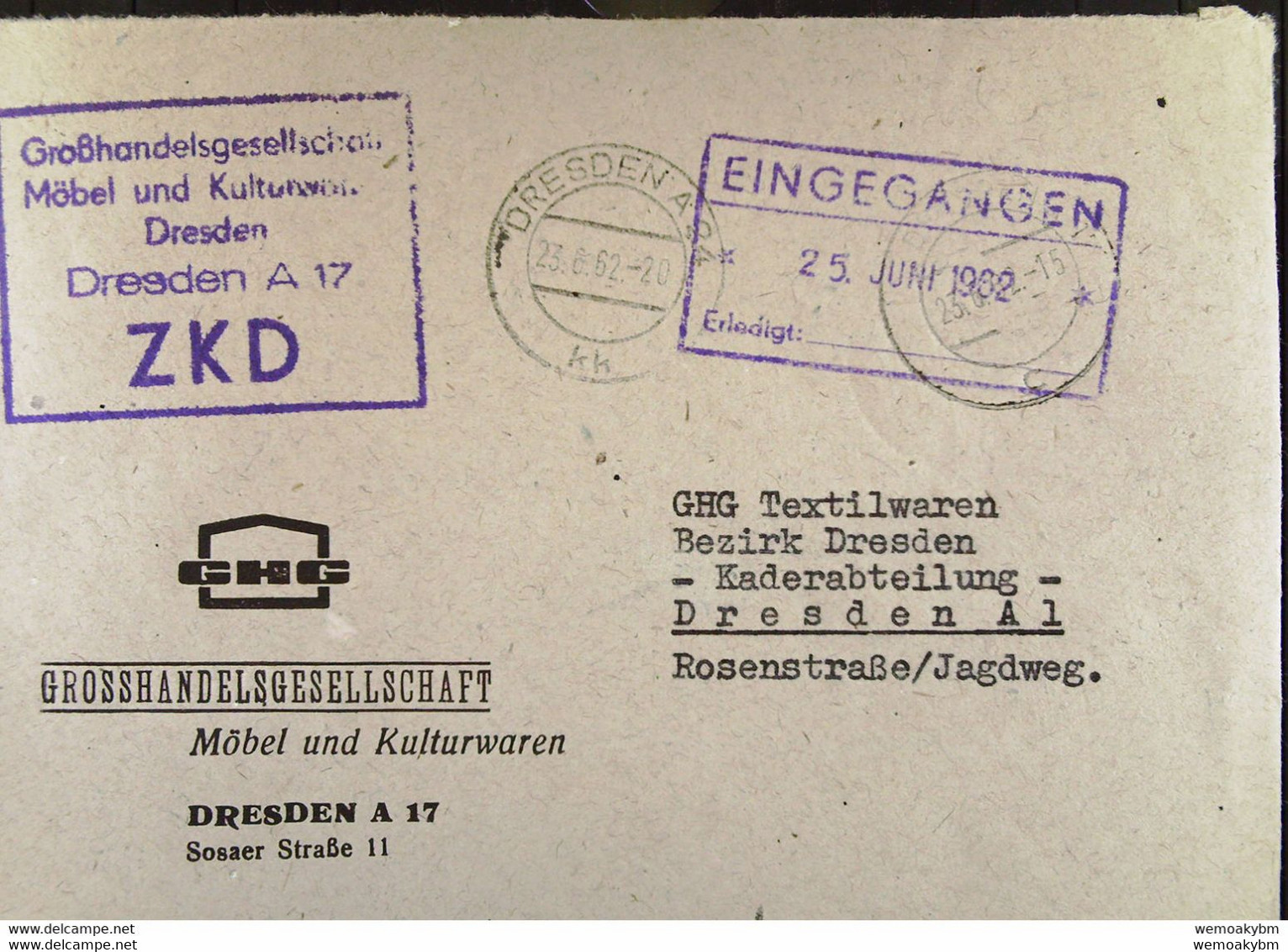 Orts-Brief Mit ZKD-Kastenstpl. "Großhandelsgesellschaft Möbel Und Kulturwaren Dresden A 17" 23.6.62 An GHG Textilwaren - Central Mail Service