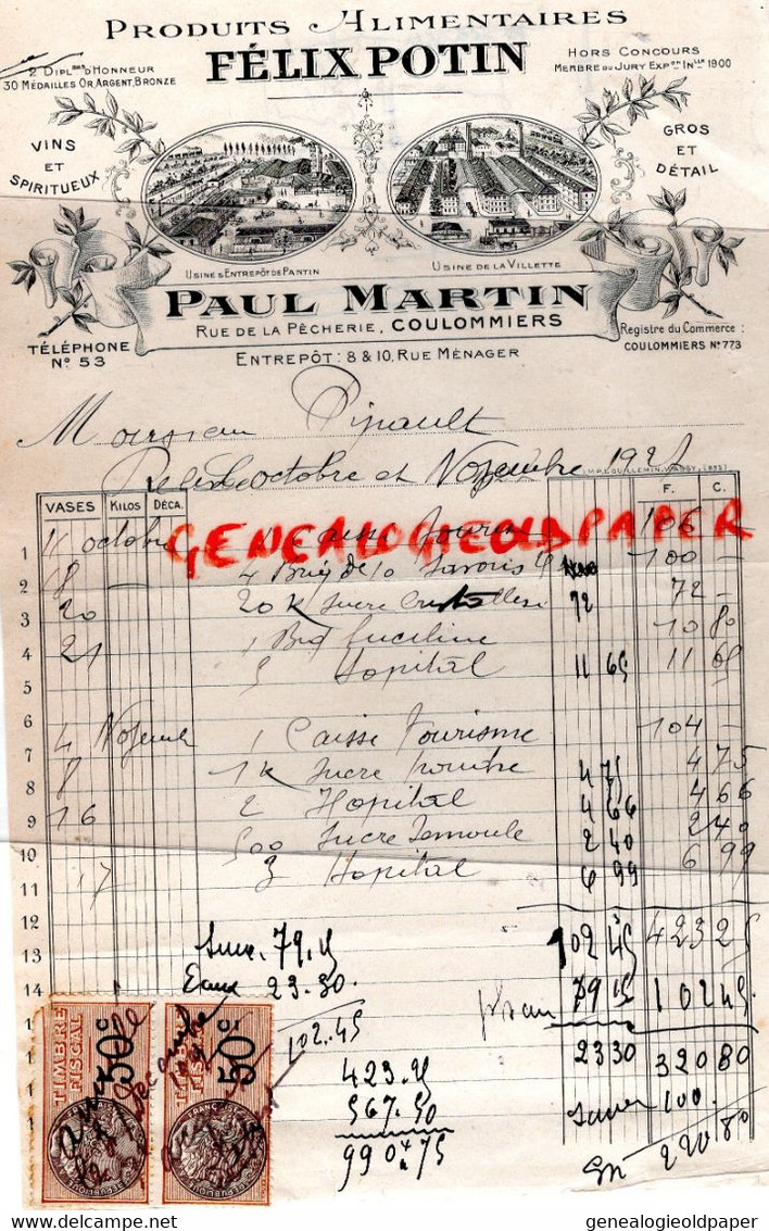 77- COULOMMIERS- PANTIN-LA VILLETTE-FACTURE FELIX POTIN-PRODUITS ALIMENTAIRES- PAUL MARTIN RUE DE LA PECHERIE-1927 - Food