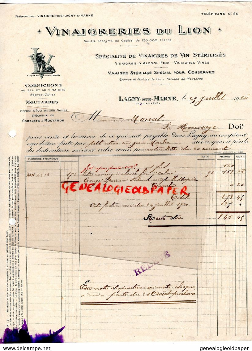 77- LAGNY SUR MARNE- FACTURE VINAIGRERIE DU LION-VINAIGRE DE VIN  ALCOOL- CORNICHONS MOUTARDE-1920-MONAT LA HOUSSAYE - Food