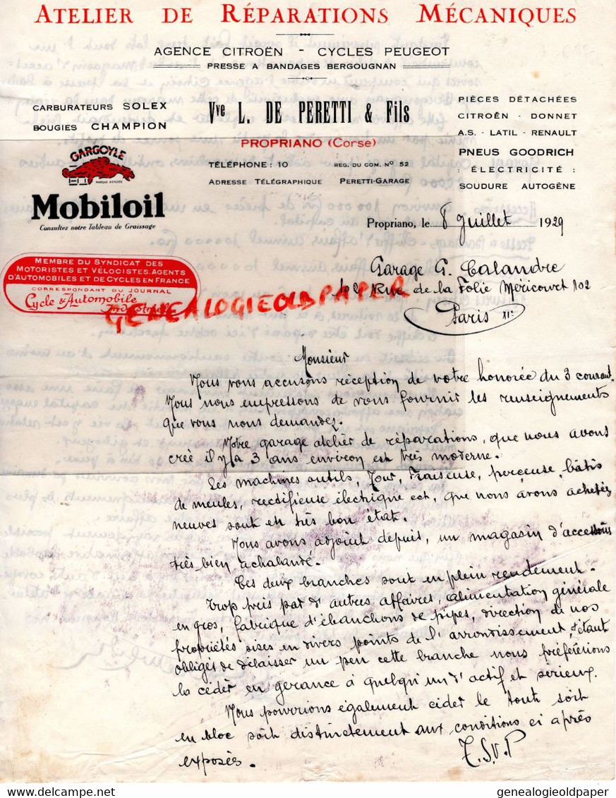 20- PROPRIANO-RARE LETTRE MANUSCRITE SIGNEE VVE L. DE PERETTI-GARAGE CITROEN-CYCLES PEUGEOT-VELO-SOLEX-MOBILOIL-1929 - Cars