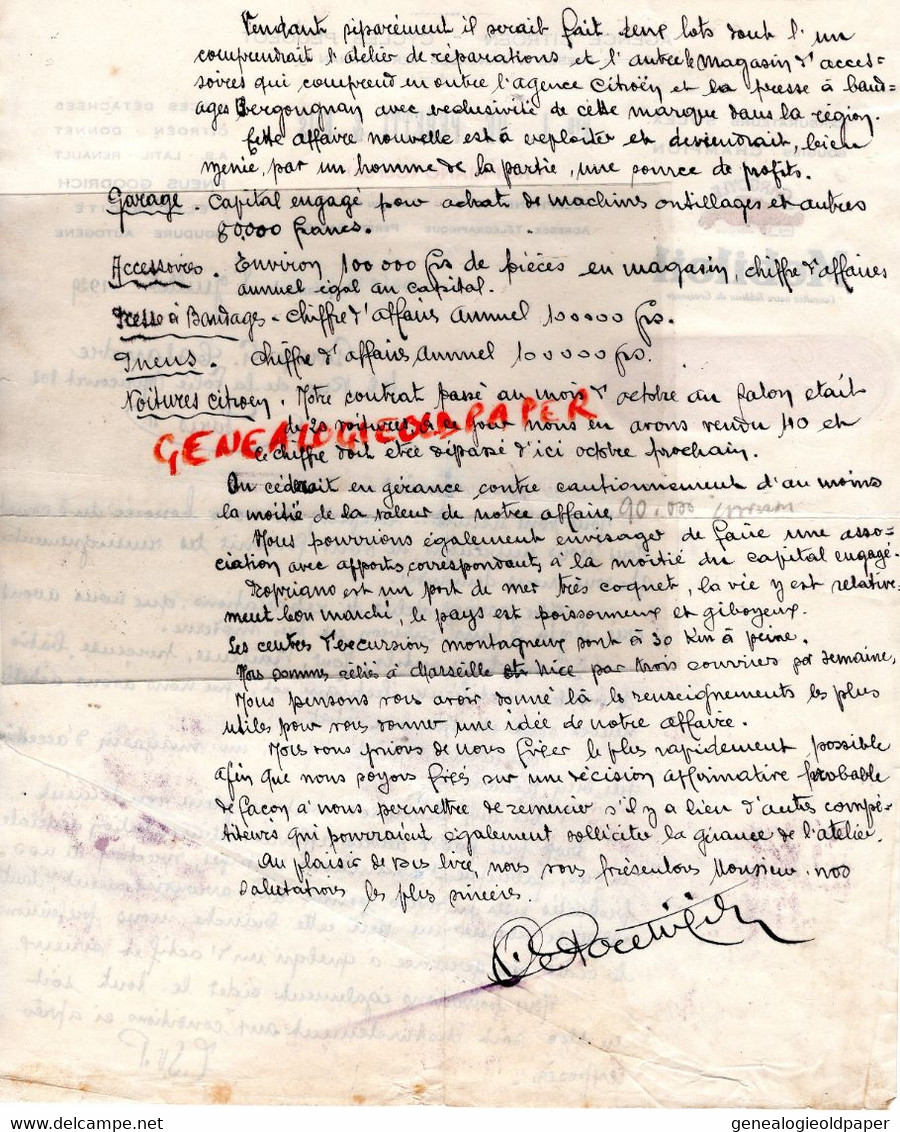 20- PROPRIANO-RARE LETTRE MANUSCRITE SIGNEE VVE L. DE PERETTI-GARAGE CITROEN-CYCLES PEUGEOT-VELO-SOLEX-MOBILOIL-1929 - Automovilismo