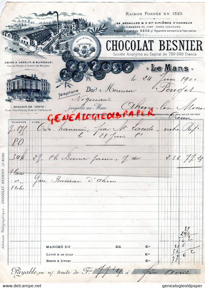 72 - LE MANS - BELLE FACTURE CHOCOLAT BESNIER - CHOCOLATERIE- 1900 A POUGET AHUN LES MINES CREUSE - Lebensmittel